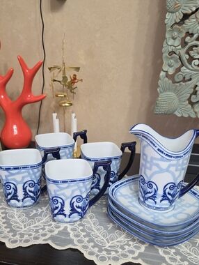 Bombay Blue and White Porcelain Cups with Cobalt Border Windsor Set With Creamer